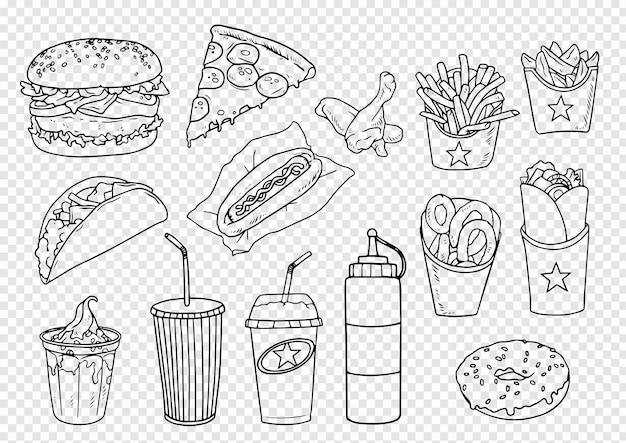 PSD gratuit collection d'illustrations pour barbecue et restaurant de restauration rapide avec contour noir sur transparent