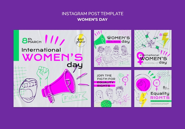 PSD gratuit collection de messages instagram dessinés à la main pour la célébration de la journée de la femme