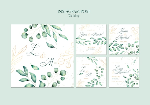 PSD gratuit collection de messages instagram de mariage aquarelle