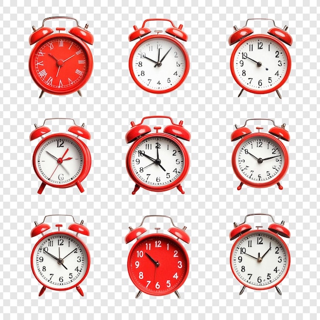 Une collection de neuf réveils rouges montrant des heures différentes