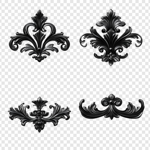 Une collection d'ornements baroques noirs élégants Quatre dessins intricats
