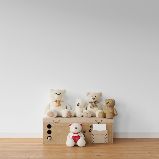 PSD gratuit collection d'ours en peluche sur boîte en bois