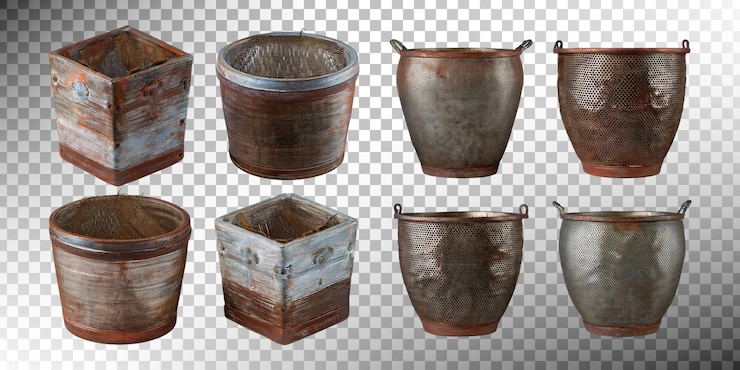 PSD gratuit une collection de paniers en métal d'époque avec des dessins uniques