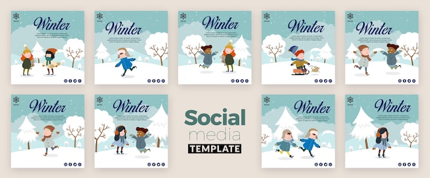 PSD gratuit collection de posts instagram pour l'hiver avec les enfants