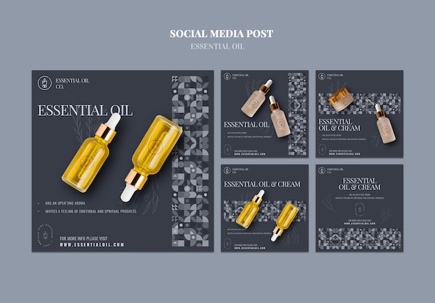 PSD gratuit collection de publications instagram avec des cosmétiques aux huiles essentielles