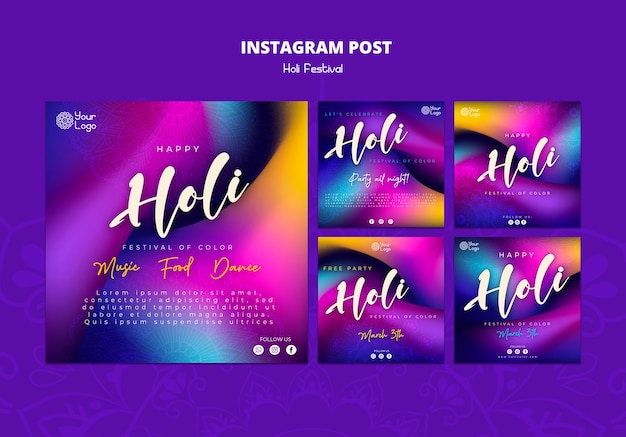 PSD gratuit collection de publications instagram du festival holi coloré dégradé