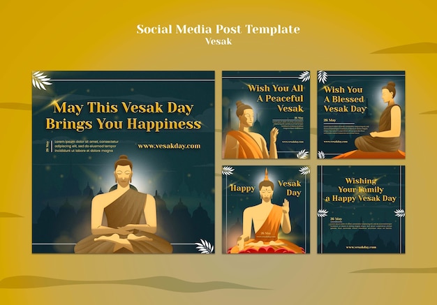 Collection de publications instagram du jour vesak avec statue méditante