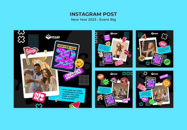 PSD gratuit collection de publications instagram du nouvel an 2023 avec des autocollants