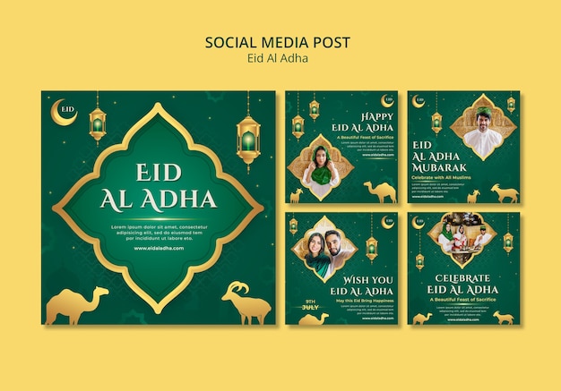 PSD gratuit collection de publications instagram eid al-adha avec lanternes et croissant de lune