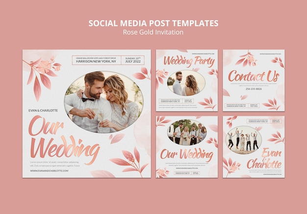 Collection De Publications Instagram D'invitation De Mariage En Or Rose Avec Des Feuilles