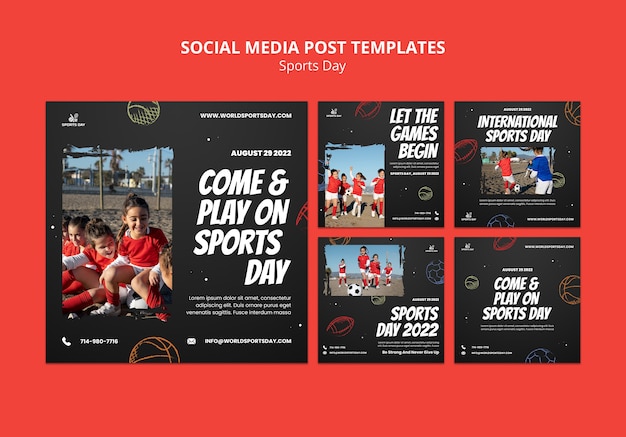 PSD gratuit collection de publications instagram de la journée sportive avec des balles dessinées à la main