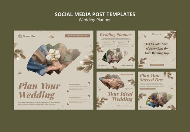 PSD gratuit collection de publications instagram de planificateur de mariage avec des feuilles d'aquarelle