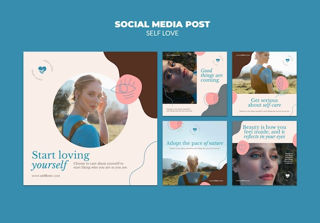 PSD gratuit collection de publications instagram pour l'amour de soi et l'acceptation