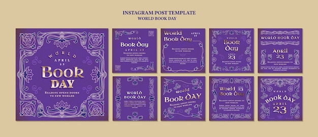 PSD gratuit collection de publications instagram pour la célébration de la journée mondiale du livre