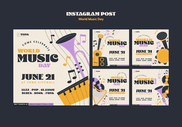 PSD gratuit collection de publications instagram pour la célébration de la journée mondiale de la musique