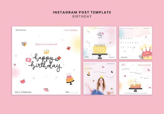 PSD gratuit collection de publications instagram pour la fête d'anniversaire