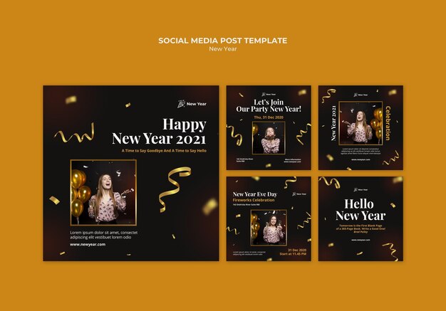 Collection de publications Instagram pour la fête du nouvel an avec femme et confettis