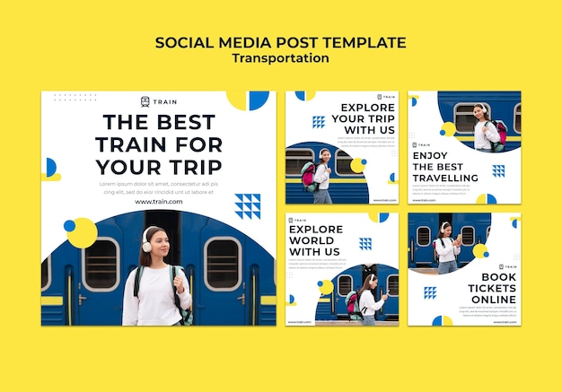 PSD gratuit collection de publications instagram pour les transports publics en train avec une femme