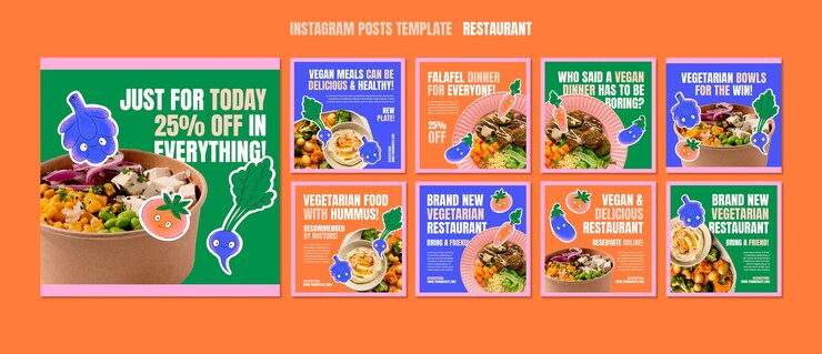 PSD gratuit collection de publications instagram de restaurant végétarien avec des légumes