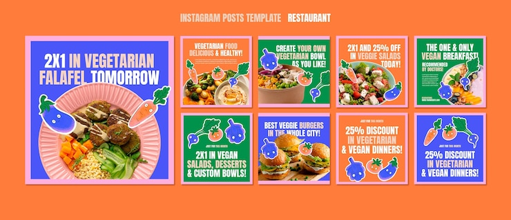 PSD gratuit collection de publications instagram de restaurant végétarien avec des légumes