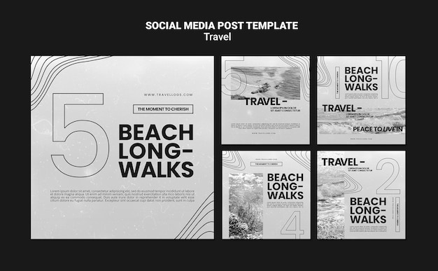 PSD gratuit collection de publications monochromes sur instagram pour de longues promenades relaxantes sur la plage