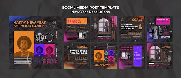 PSD gratuit collection de publications sur les réseaux sociaux des résolutions du nouvel an