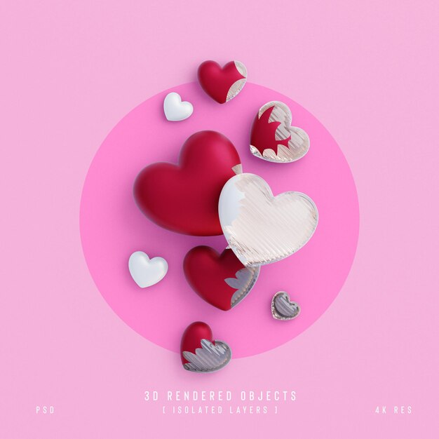 Composition décorative de coeurs d'amour mignon saint valentin isolé et rendu 3d transparent
