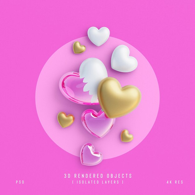 Composition décorative de coeurs d'amour mignon saint valentin isolé et rendu 3d transparent