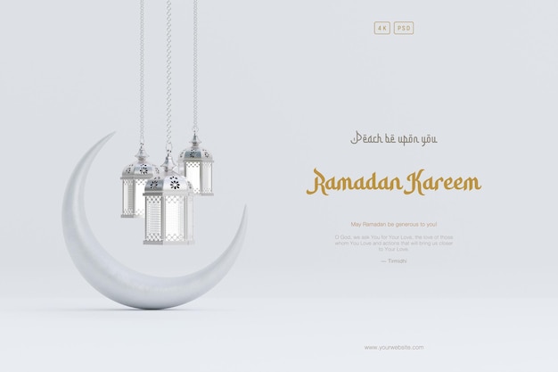 PSD gratuit composition de fond de salutation du ramadan islamique avec des lanternes arabes suspendues et un croissant de lune