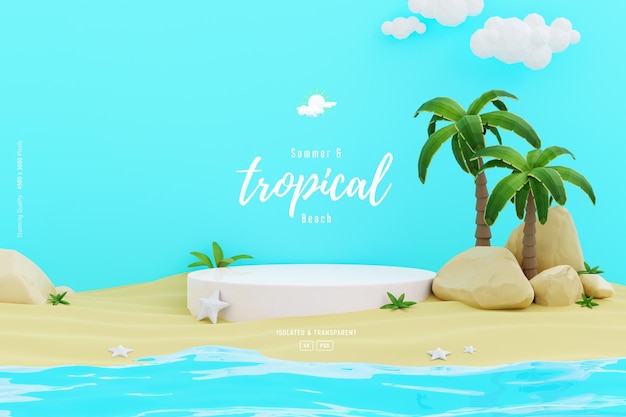 Composition de modèle de fond d'été avec une jolie scène de podium Palmiers et objets de plage