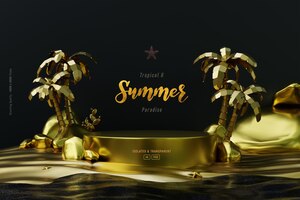 PSD gratuit composition de modèle de fond d'été avec podium doré palmiers et objets de plage scène sombre