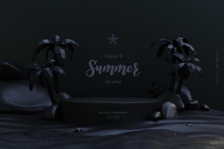 Composition de modèle de fond d'été avec scène de podium Palmiers et objets de plage Scène sombre