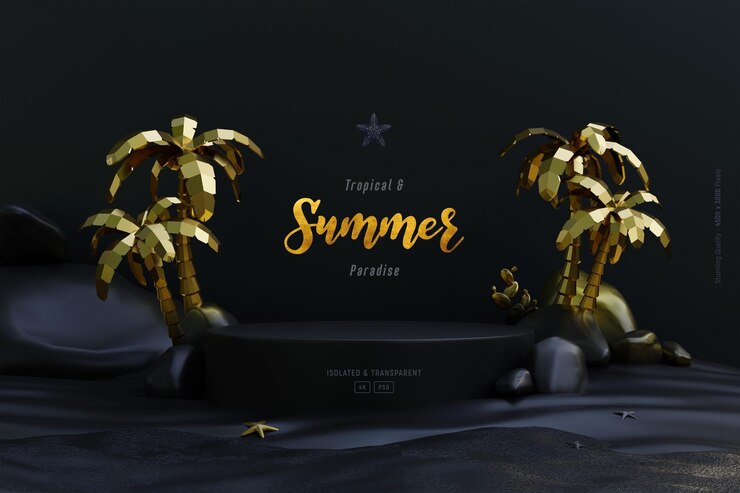 PSD gratuit composition de modèle de fond d'été avec scène de podium palmiers et objets de plage scène sombre