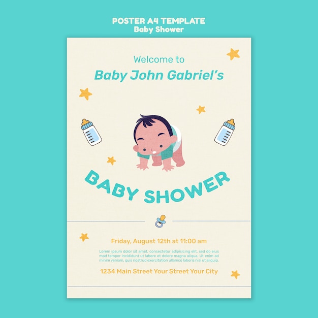 PSD gratuit conception d'affiche de modèle de douche de bébé design plat