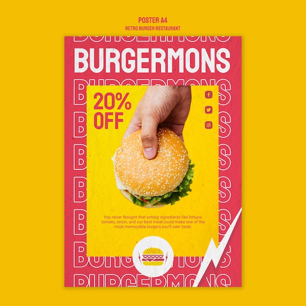 PSD gratuit conception d'affiche de restaurant burger rétro