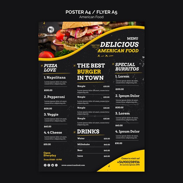 Conception de menus cuisine américaine