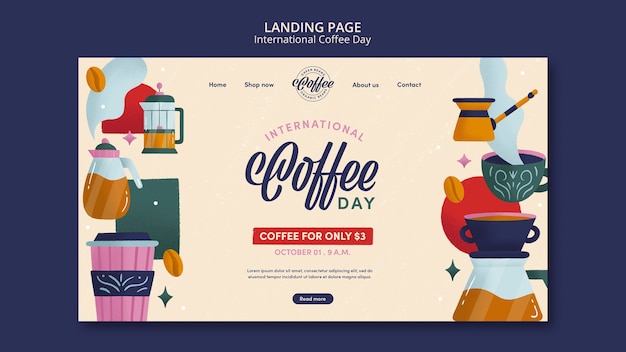 PSD gratuit conception de modèle de page de destination de la journée internationale du café design plat