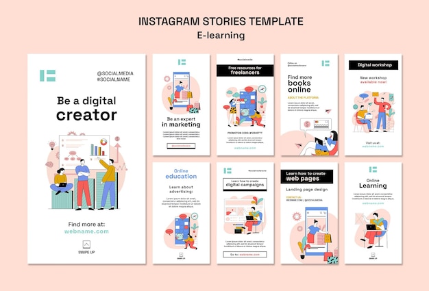 PSD gratuit conception de modèles d'histoires instagram d'apprentissage en ligne