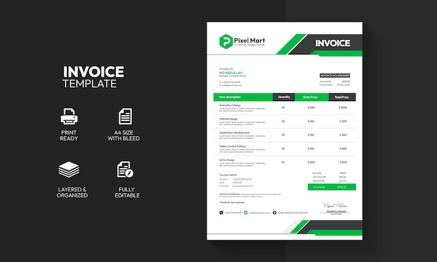 PSD gratuit conception moderne du modèle de facture d'entreprise