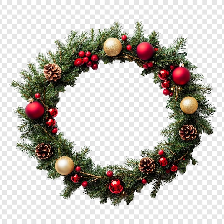 PSD gratuit une couronne de noël festive ornementation rouge et dorée ornementation d'un cercle à feuilles persistantes