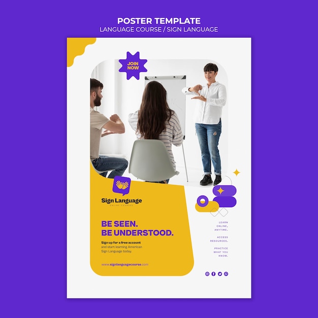 PSD gratuit cours de langue et modèle d'affiche verticale en langue des signes avec des formes abstraites
