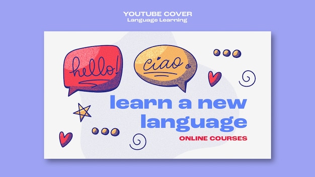 PSD gratuit couverture youtube d'apprentissage des langues dessinée à la main