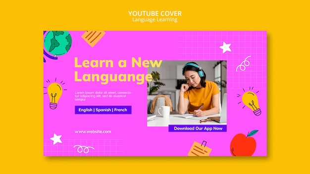 PSD gratuit couverture youtube d'apprentissage des langues