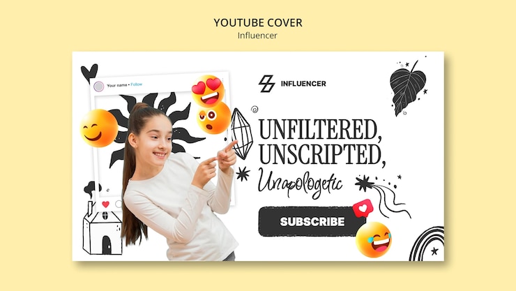 PSD gratuit couverture youtube du travail d'influenceur dessiné à la main