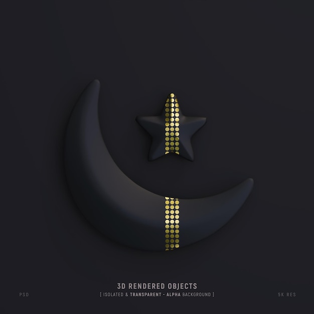 PSD gratuit croissant de lune mignon islamique et étoile isolée scène sombre de rendu 3d