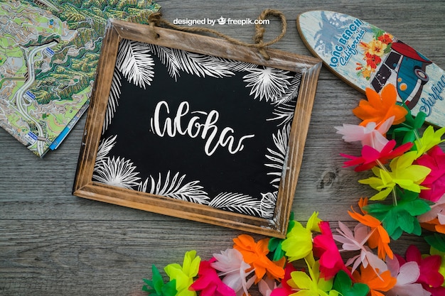 PSD gratuit décoration aloha avec ardoise et planche de surf