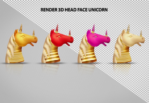 Définir la collection 3d render illustration tête de licorne visage licorne