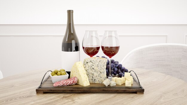 Délicieux assortiment de fromages avec maquette de vin rouge