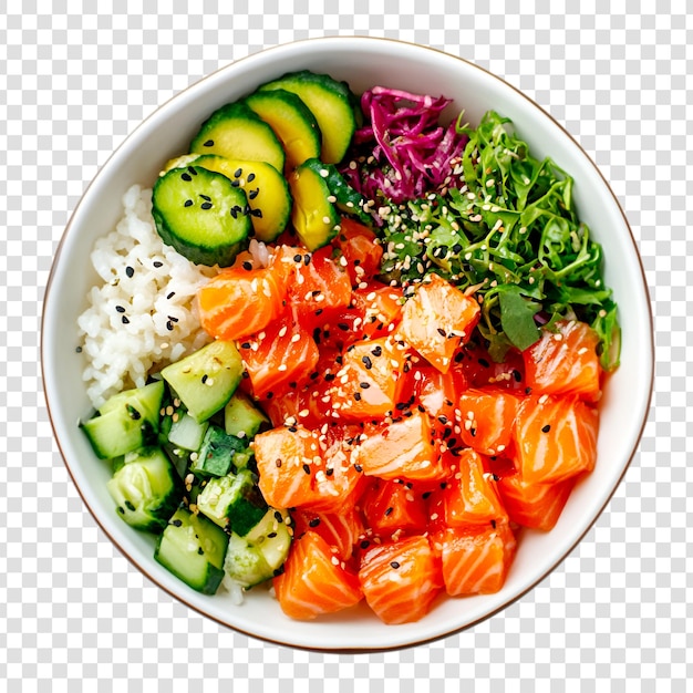 Un délicieux bol de saumon avec du riz et des légumes sur un fond transparent