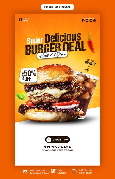 Délicieux burger et menu de nourriture Modèle d'histoire Instagram et Facebook